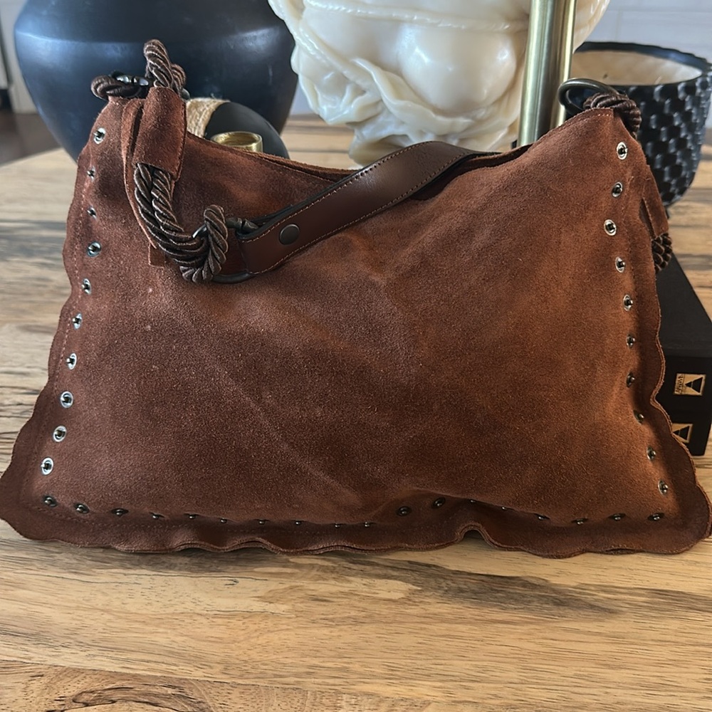 👜 Brown Suede & Leather Scalloped Shoulder Bag with Metal Detailing